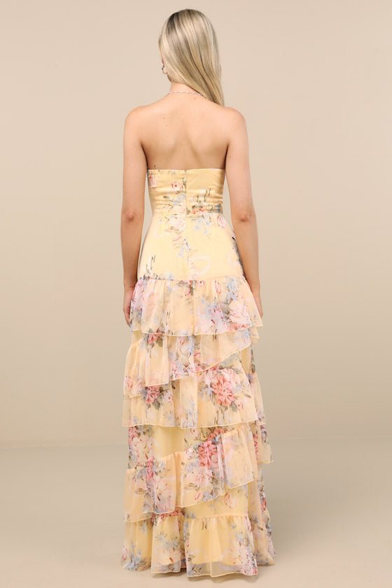 Niyati Blush Floral Strapless Tiered Maxi Dress
