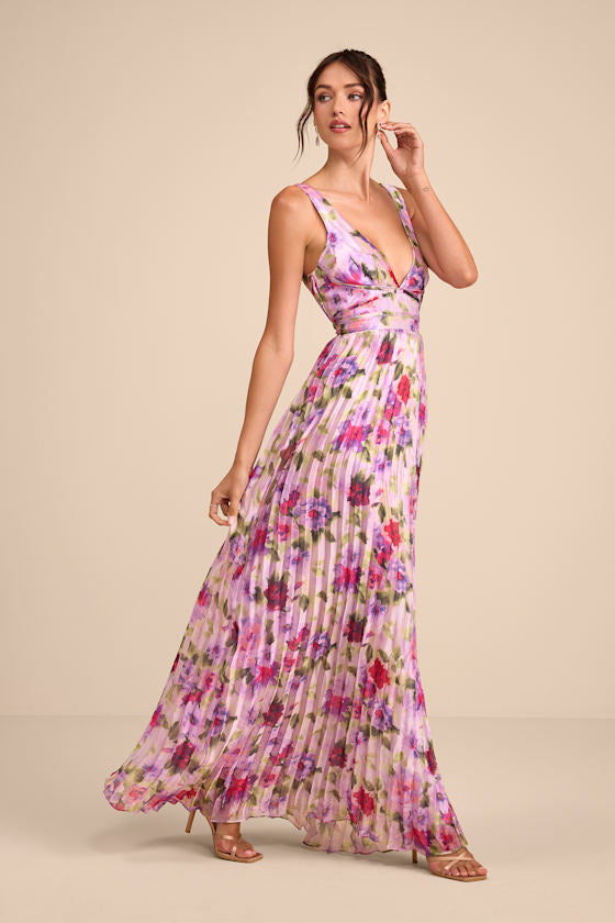 Morgana Pink Multi Floral Satin Pleated Maxi Dress #Color_Pink Multi Floral