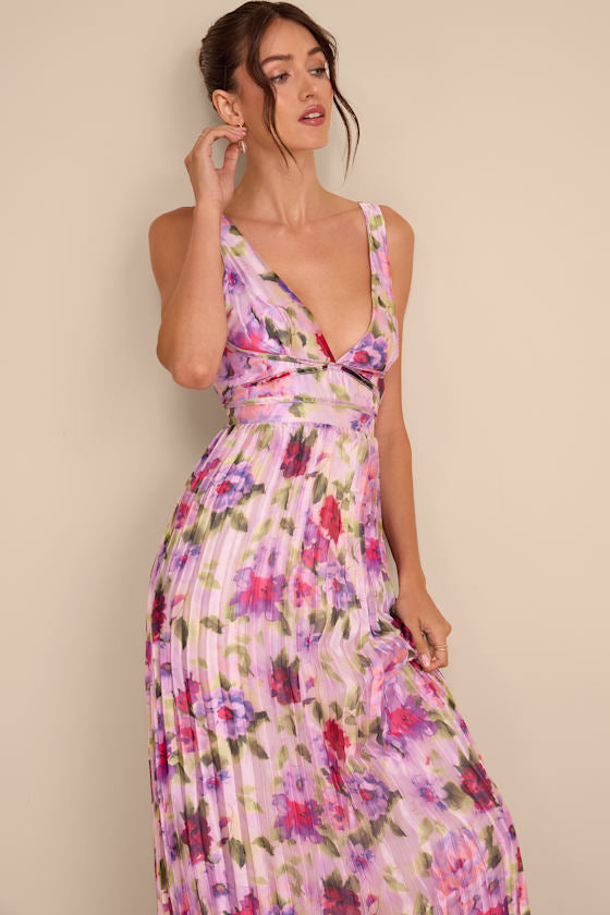 Morgana Pink Multi Floral Satin Pleated Maxi Dress #Color_Pink Multi Floral