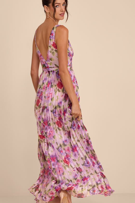 Morgana Pink Multi Floral Satin Pleated Maxi Dress