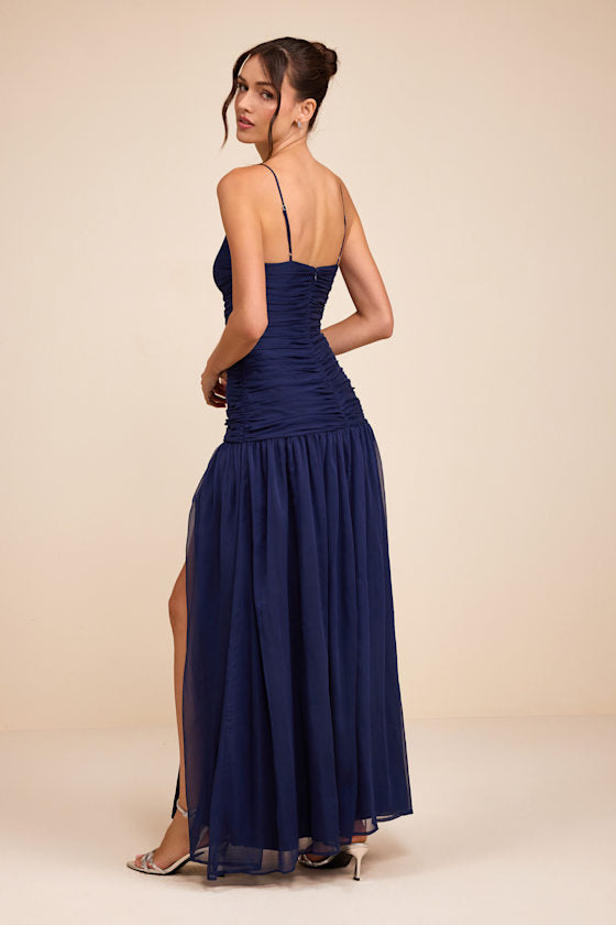 Ronna Navy Ruched Drop Waist Maxi Dress #Color_Navy
