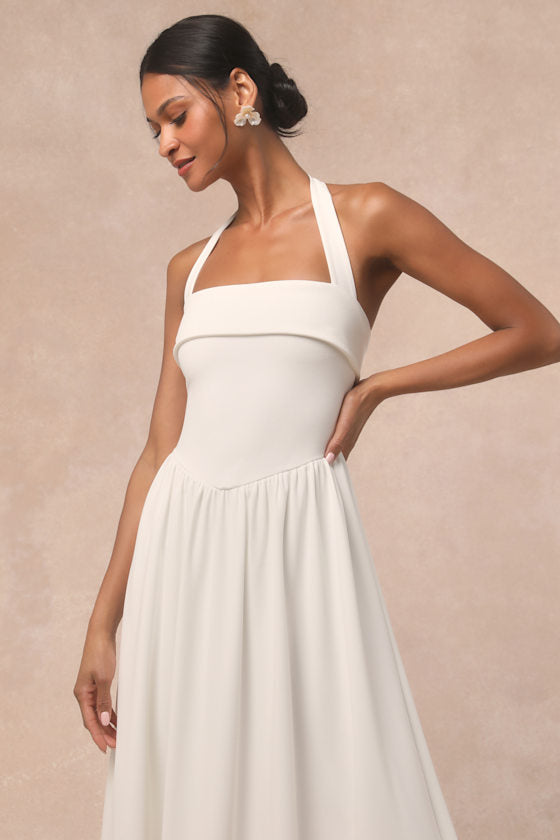 Telia White Halter Basque Waist Maxi Dress #Color_White