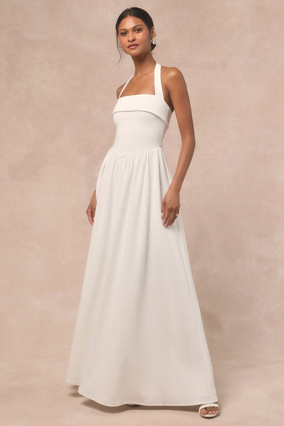 Telia White Halter Basque Waist Maxi Dress #Color_White
