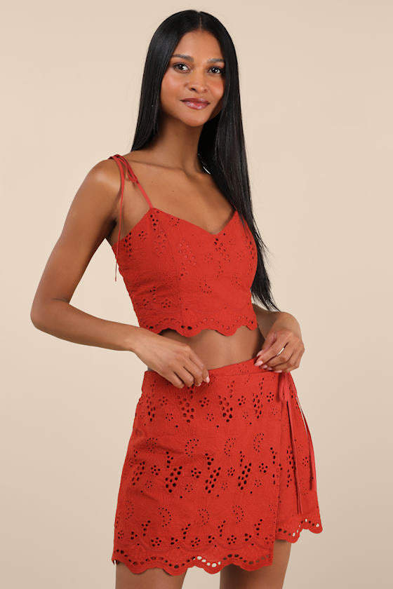 Kamilla Rust Red Eyelet Embroidered Mini Wrap Skirt #Color_Rust Red