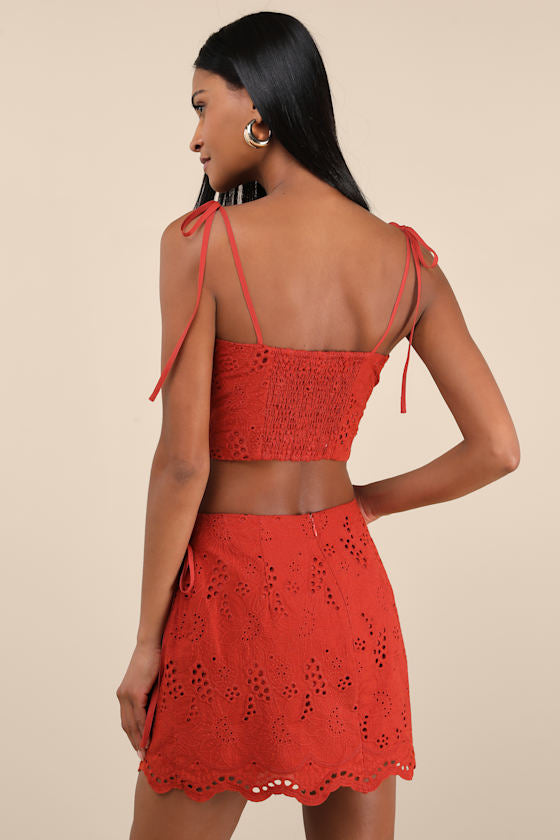 Kamilla Rust Red Eyelet Embroidered Mini Wrap Skirt #Color_Rust Red