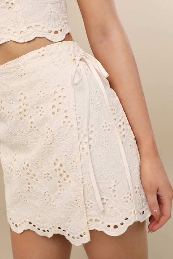Kamilla Rust Red Eyelet Embroidered Mini Wrap Skirt #Color_Cream