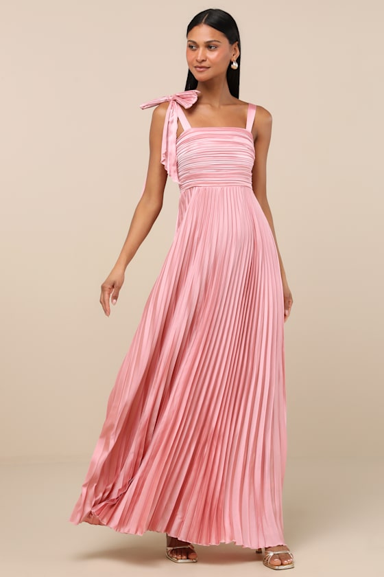 Gorgeous Purpose Red Satin Pleated Sleeveless Bow Maxi Dress