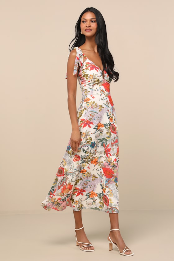 Simply Blissful Ivory Multi Floral Tie-Strap A-Line Midi Dress #Color_Ivory Multi Floral