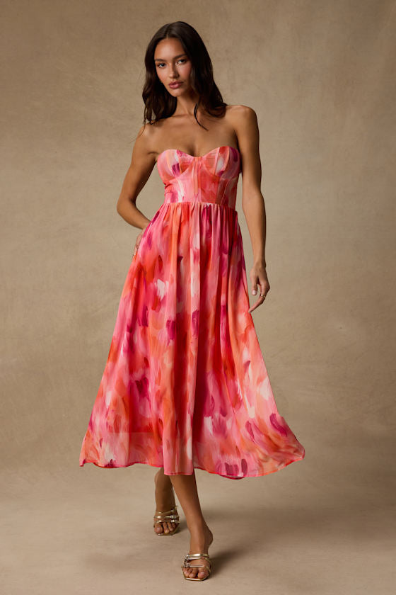 Aysel Coral Pink Abstract Strapless Bustier Midi Dress #Color_Coral Pink Abstract