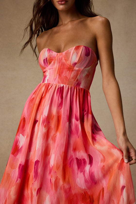Aysel Coral Pink Abstract Strapless Bustier Midi Dress #Color_Coral Pink Abstract