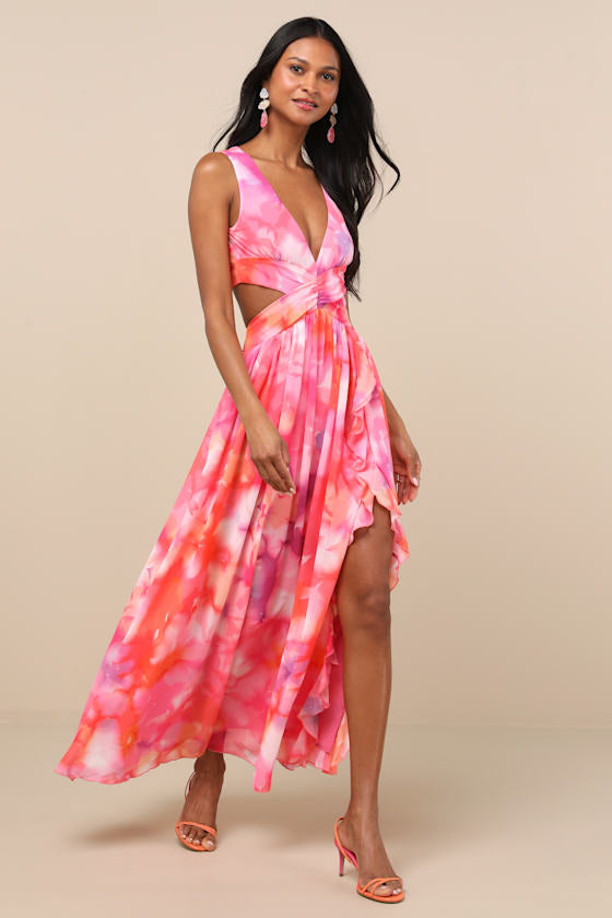 Elisanna Purple Multi Floral Lace-Up Midi Dress #Color_Pink Multi Floral
