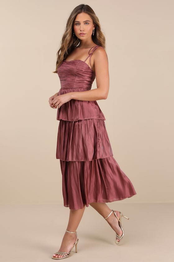 Tennon Dusty Rose Plisse Tiered Midi Dress #Color_Dusty Rose