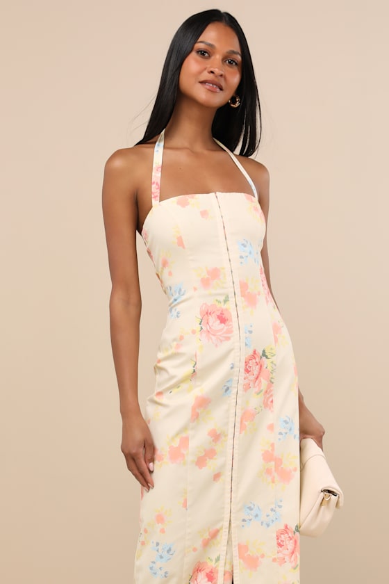 Arrosa White Floral Halter Midi Dress #Color_Light Yellow Floral