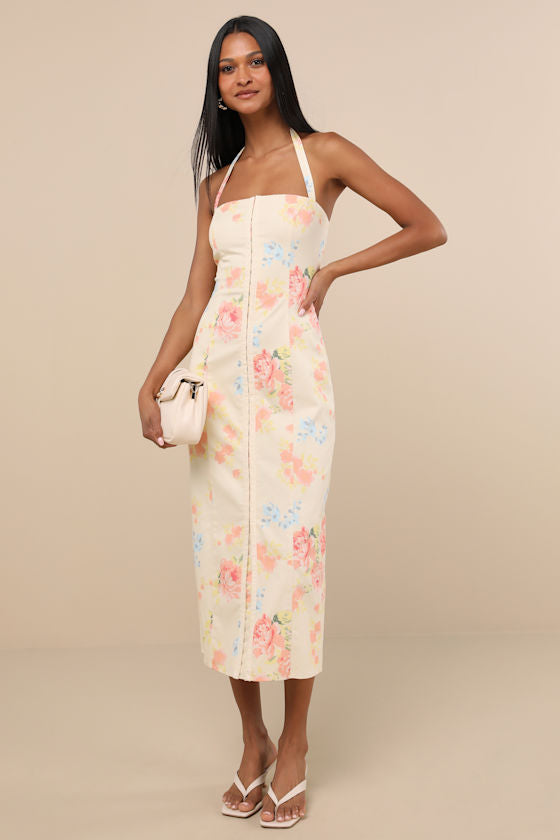 Arrosa Light Yellow Floral Halter Midi Dress #Color_Light Yellow Floral