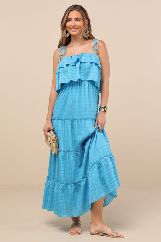 Inaya Aqua Blue Textured Tie-Strap Tiered Maxi Dress