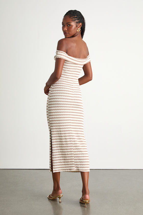 Baia Ivory and Taupe Striped Off-the-Shoulder Midi Dress