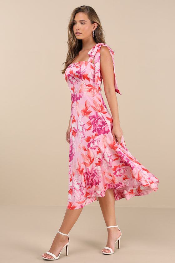 Fleurette Pink Floral Tie-Strap Midi Dress #Color_Pink Floral
