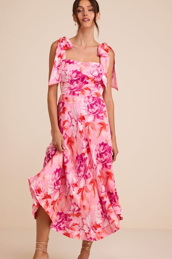Fleurette Light Green Floral Tie-Strap Midi Dress