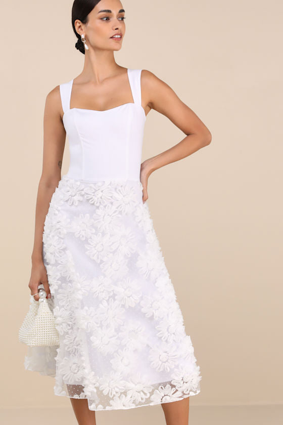 Benedita White Floral Applique Midi Dress #Color_White