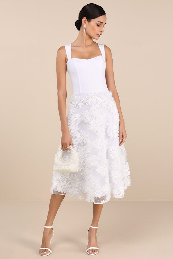 Benedita White Floral Applique Midi Dress #Color_White