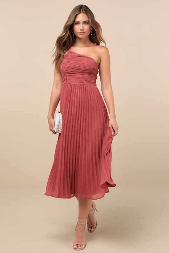 Wondrous Muse Rusty Rose Pleated One-Shoulder Midi Dress #Color_Rusty Rose