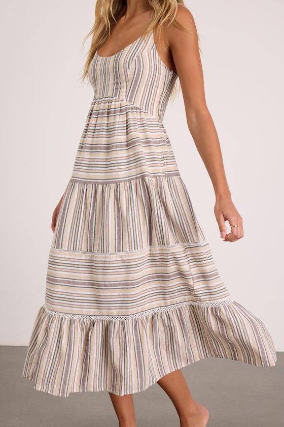 Journi Taupe Striped Tiered Midi Dress