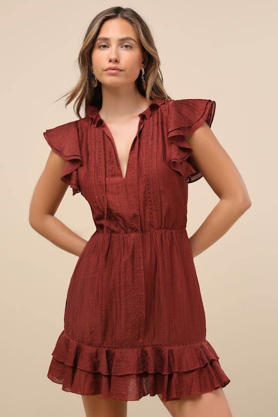 Tanaya White Flutter Sleeve Tiered Mini Dress #Color_Rust Brown