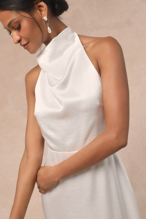 Meliana White Satin Halter Backless Maxi Dress #Color_White
