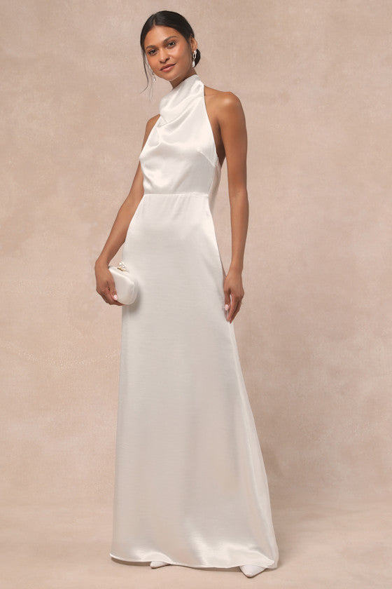 Meliana White Satin Halter Backless Maxi Dress #Color_White