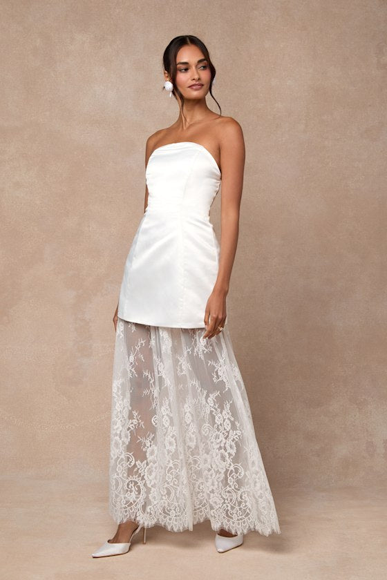 Winslet White Satin Sheer Hem Strapless Maxi Dress #Color_White