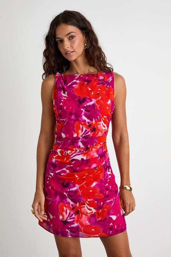 Roanes Orange Floral Boat Neck Pleated Mini Dress