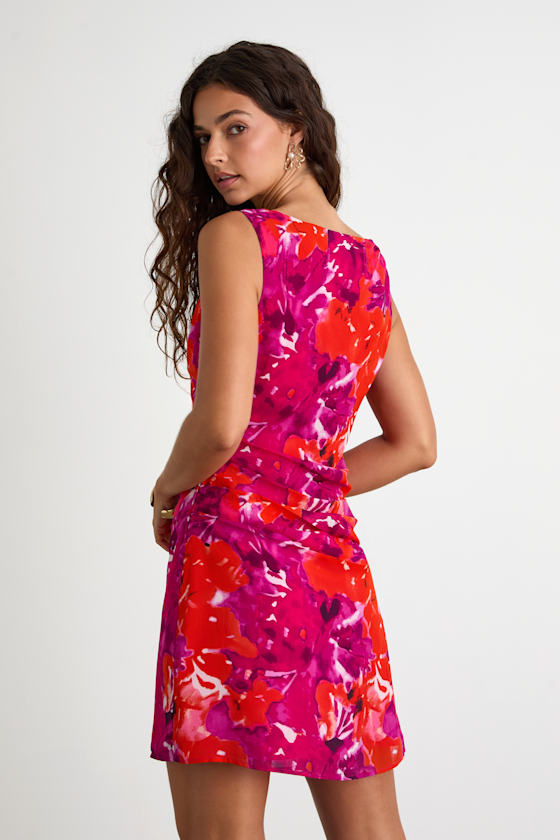 Roanes Orange Floral Boat Neck Pleated Mini Dress