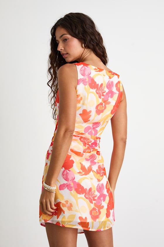 Roanes Orange Floral Boat Neck Pleated Mini Dress #Color_Orange Floral