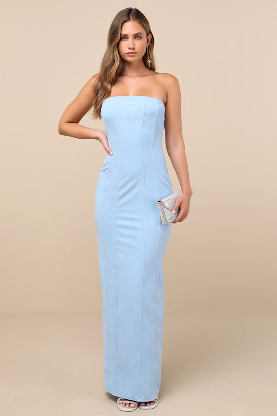 Ismene Light Blue Seamed Strapless Maxi Dress #Color_Light Blue