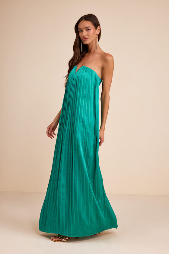 Celandine Teal Green Pleated Strapless Swing Maxi Dress #Color_Teal Green