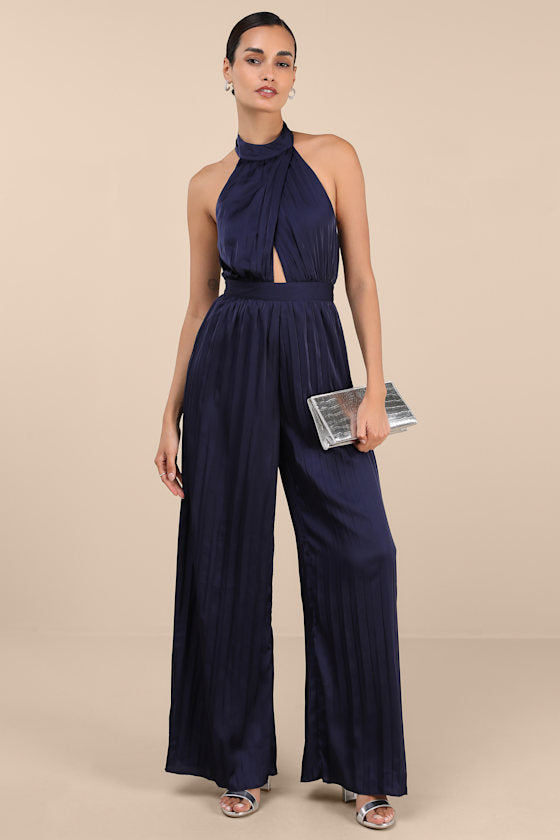 Confident Impression Burgundy Satin Pleated Halter Jumpsuit #Color_Navy