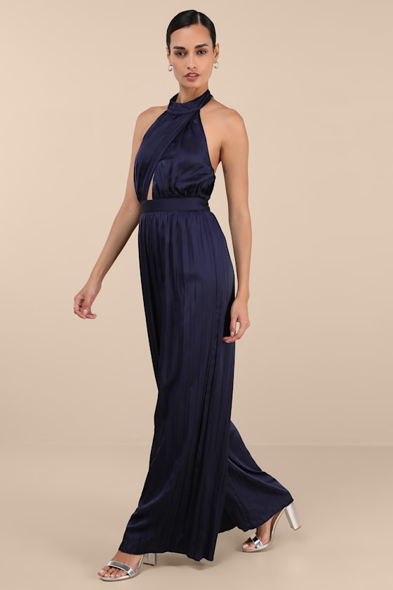 Confident Impression Burgundy Satin Pleated Halter Jumpsuit
