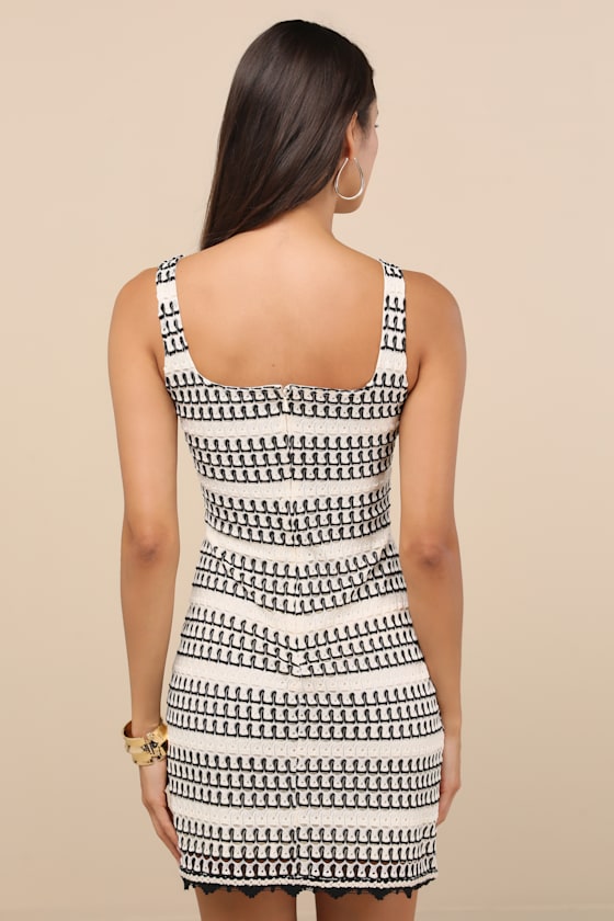 Alianora Cream and Black Crochet Mini Dress #Color_Cream and Black