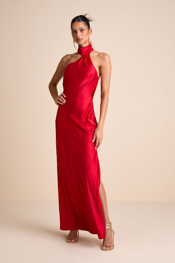 Madalena Dark Brown Satin Cowl Back Maxi Dress #Color_Red
