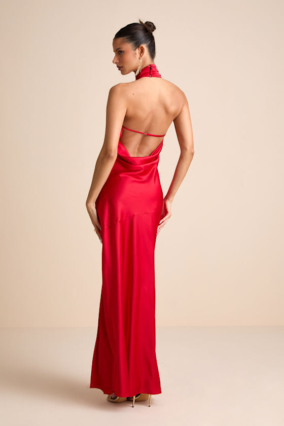Madalena Dark Brown Satin Cowl Back Maxi Dress