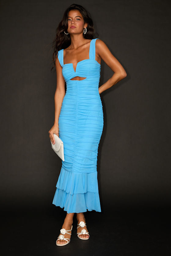 Aelara Turquoise Mesh Ruched Trumpet Midi Dress #Color_Turquoise