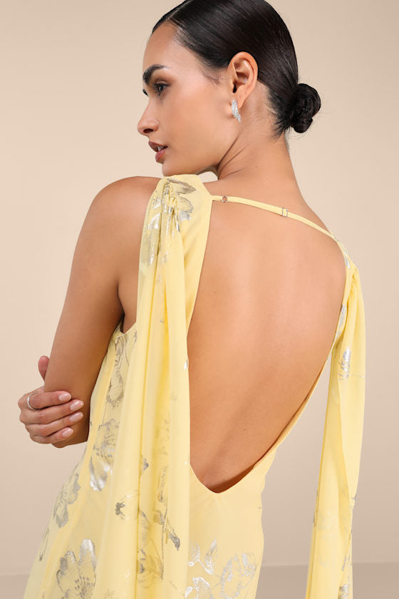 Sidonia Yellow and Gold Floral Cowl Sash Maxi Dress #Color_Yellow and Gold