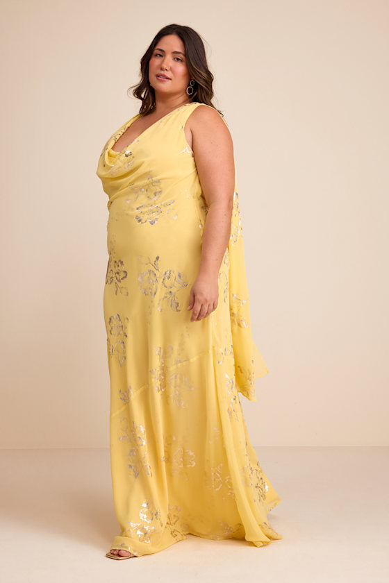 Sidonia Yellow and Gold Floral Cowl Sash Maxi Dress #Color_Yellow and Gold