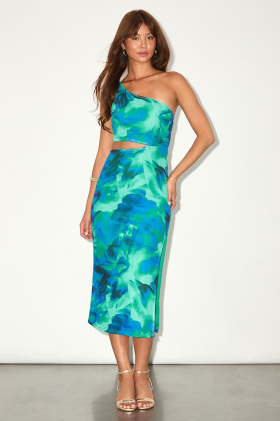Ismerida Light Blue Mesh One-Shoulder Midi Dress