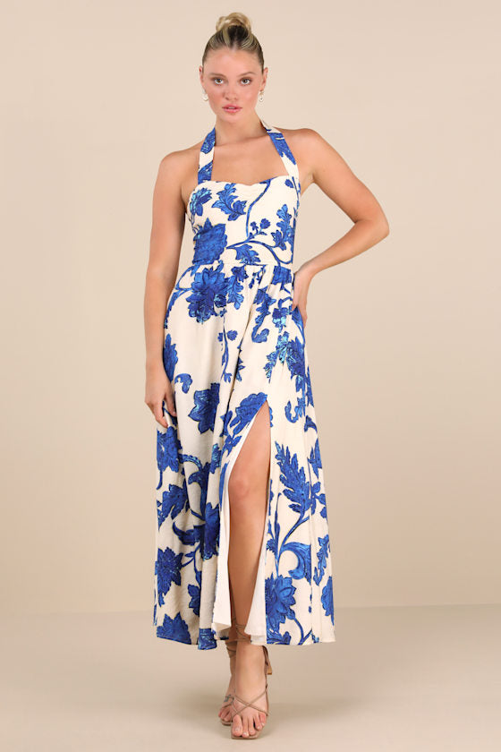 Layton Pink and Cream Floral Halter Maxi Dress