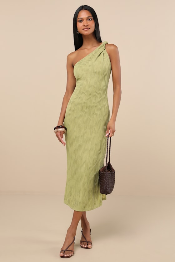 Aristea Light Green Textured One-Shoulder Midi Dress #Color_Light Green