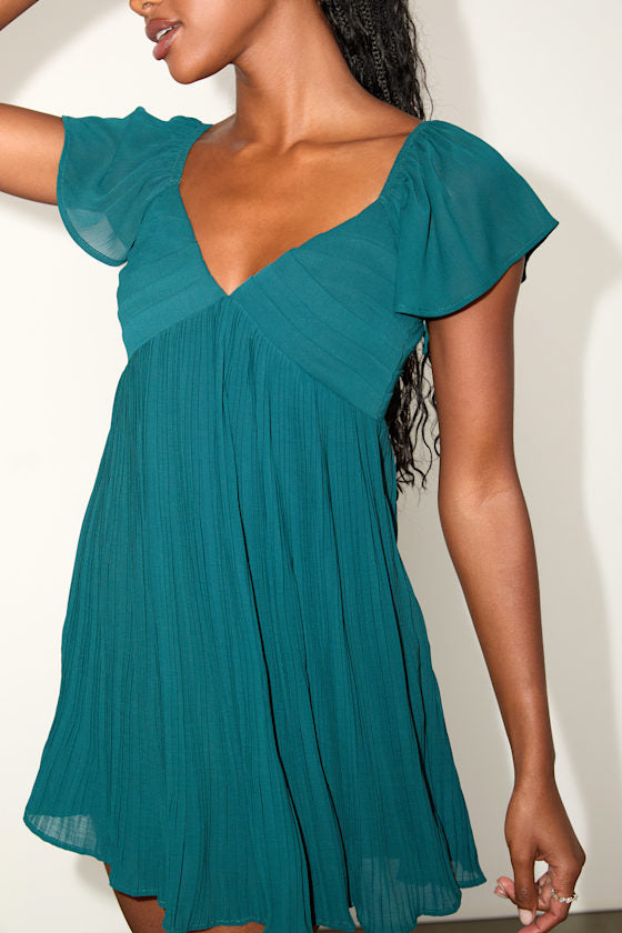 Amalfi Coast Light Blue Pleated Flutter Sleeve Mini Dress