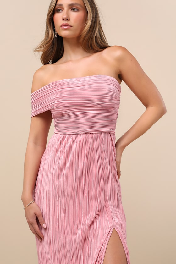 Poised Performance Blue Plisse One-Shoulder Maxi Dress