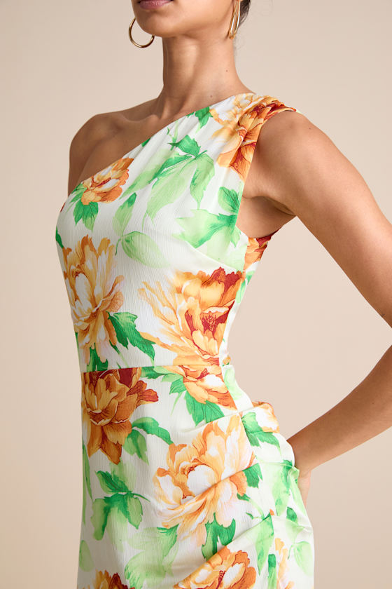 Divinely Blooming Lime Multi Floral One-Shoulder Midi Dress