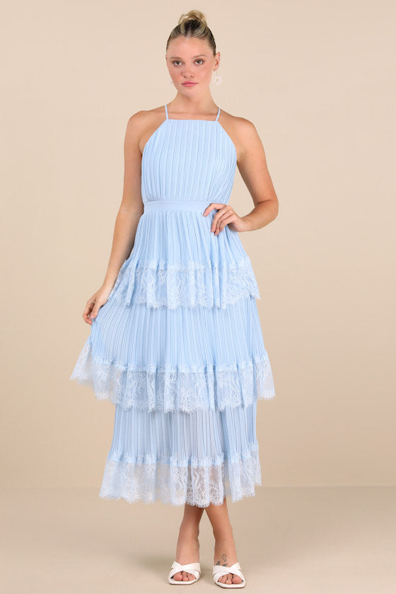 Came For Cocktails Sage Green Pleated Tiered Lace Maxi Dress #Color_Light Blue